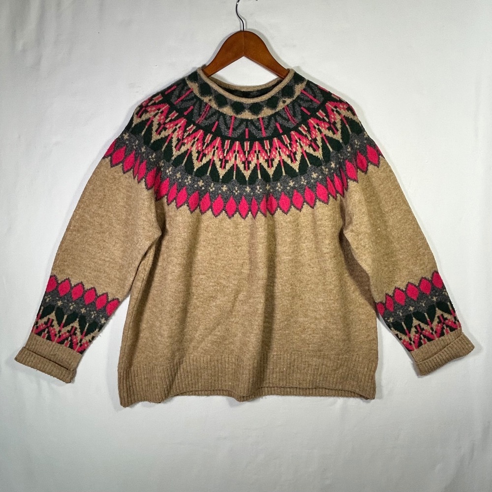 CeCe Womens Fair Isle Knit Sweater Tan Pink Green Geometric Yoke Pullover Large